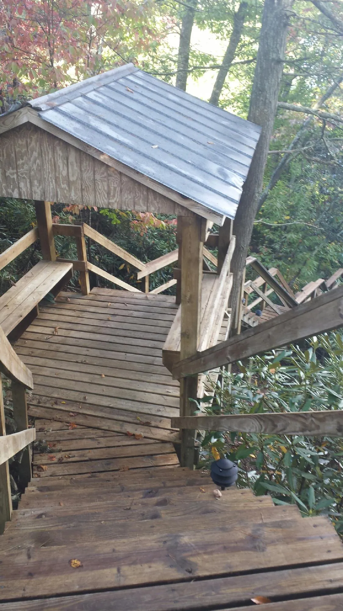 Metal roofed shelter over wooden steps on a wooded walkway — Skylight Repair & Installation work by our crew in Snow Shoe